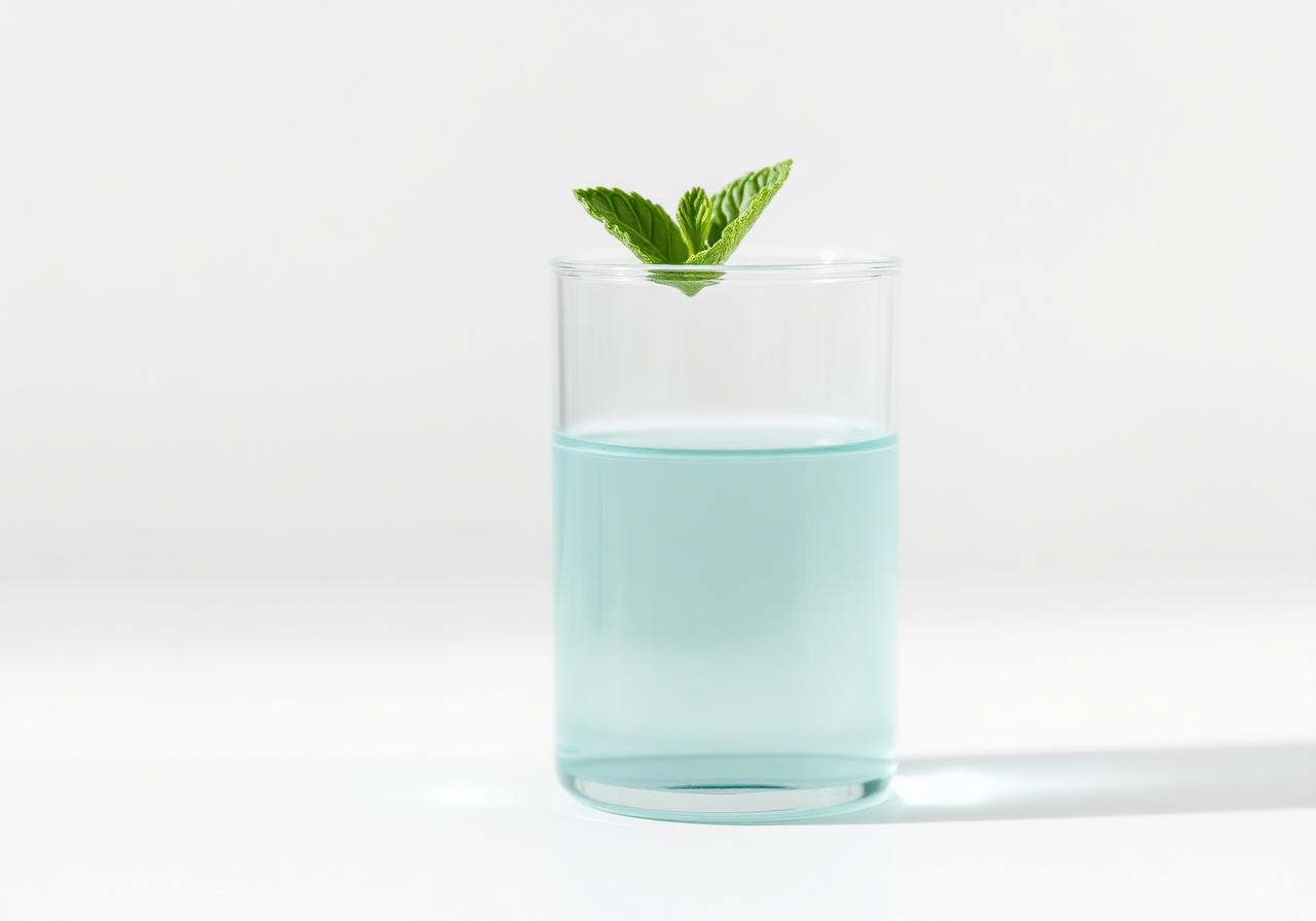 Glass of clear teal liquid with a fresh mint leaf, representing oral probiotic support